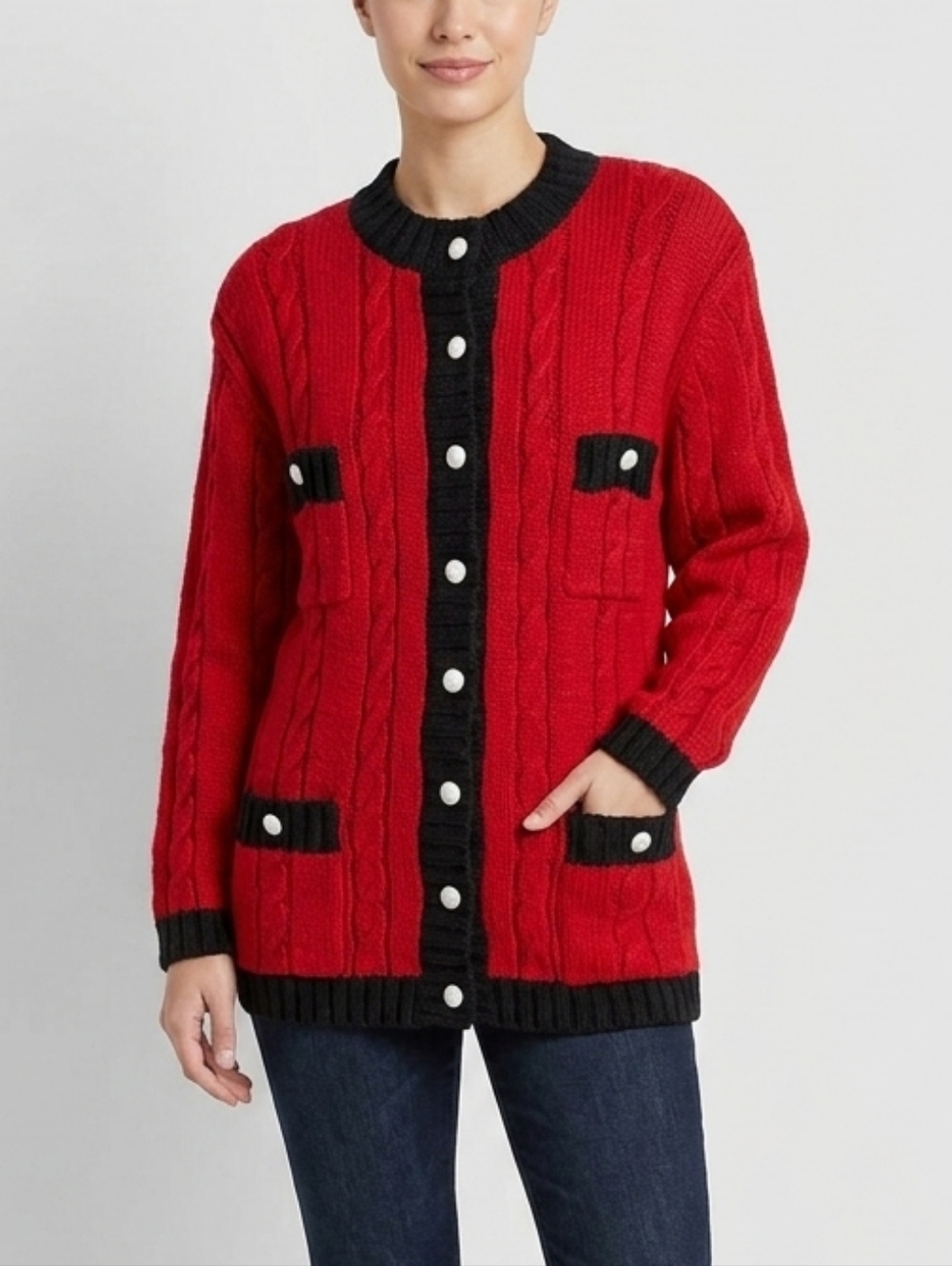 Vintage Red Wool Cable Knit Cardigan with Black Trim